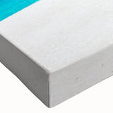 Close-up of a vibrant stretched canvas artwork showcasing a serene landscape seascape design, featuring rich blues and greens, ideal for home decor enhancement.