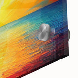 Close-up of a vibrant acrylic glass artwork showcasing a stunning seascape design, featuring rich blues and subtle wave patterns, ideal for coastal decor.