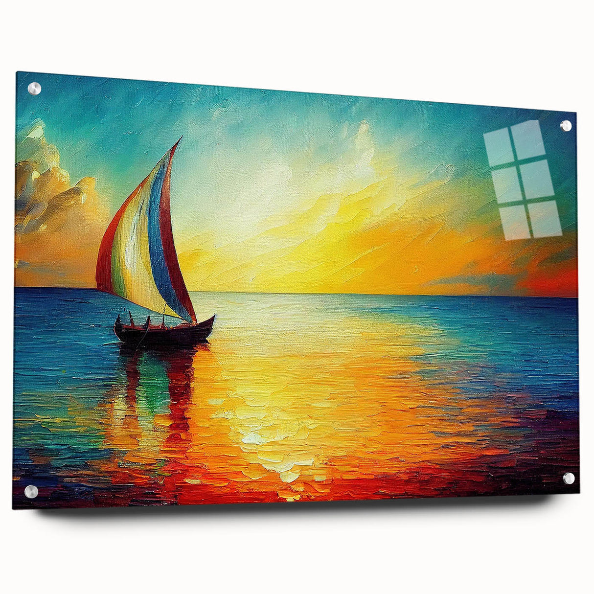 Acrylic glass wall art collection showcasing vibrant landscapes and seascapes in a side view, elegantly displayed with pins for hanging, perfect for home decor.