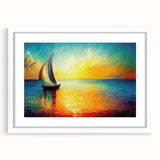 Framed wall art collection depicting serene landscapes and seascapes, presented in a stylish white mat and frame, ideal for enhancing home decor aesthetics.