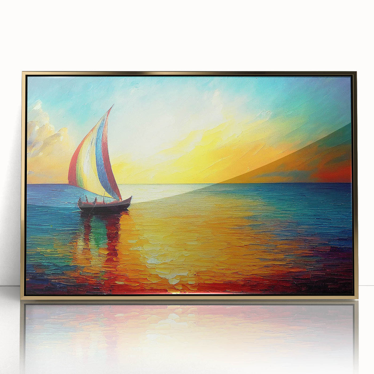 Framed acrylic wall art from the Landscapes and Seascapes Design 20 collection, featuring a striking gold frame and vibrant coastal imagery, perfect for home decor.