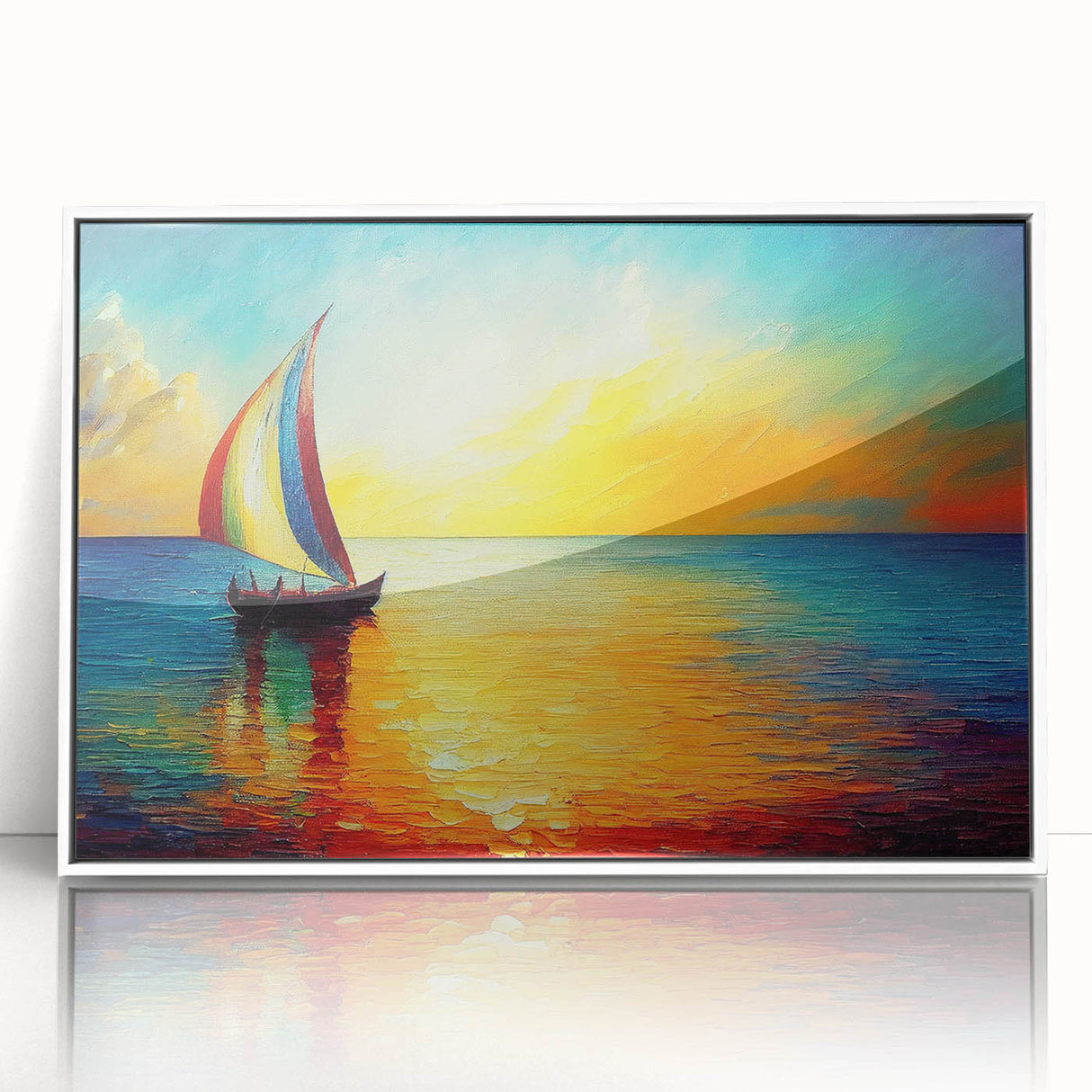 Framed acrylic wall art featuring a serene seascape design with vibrant colors, elegantly displayed in a white frame, perfect for coastal home decor.