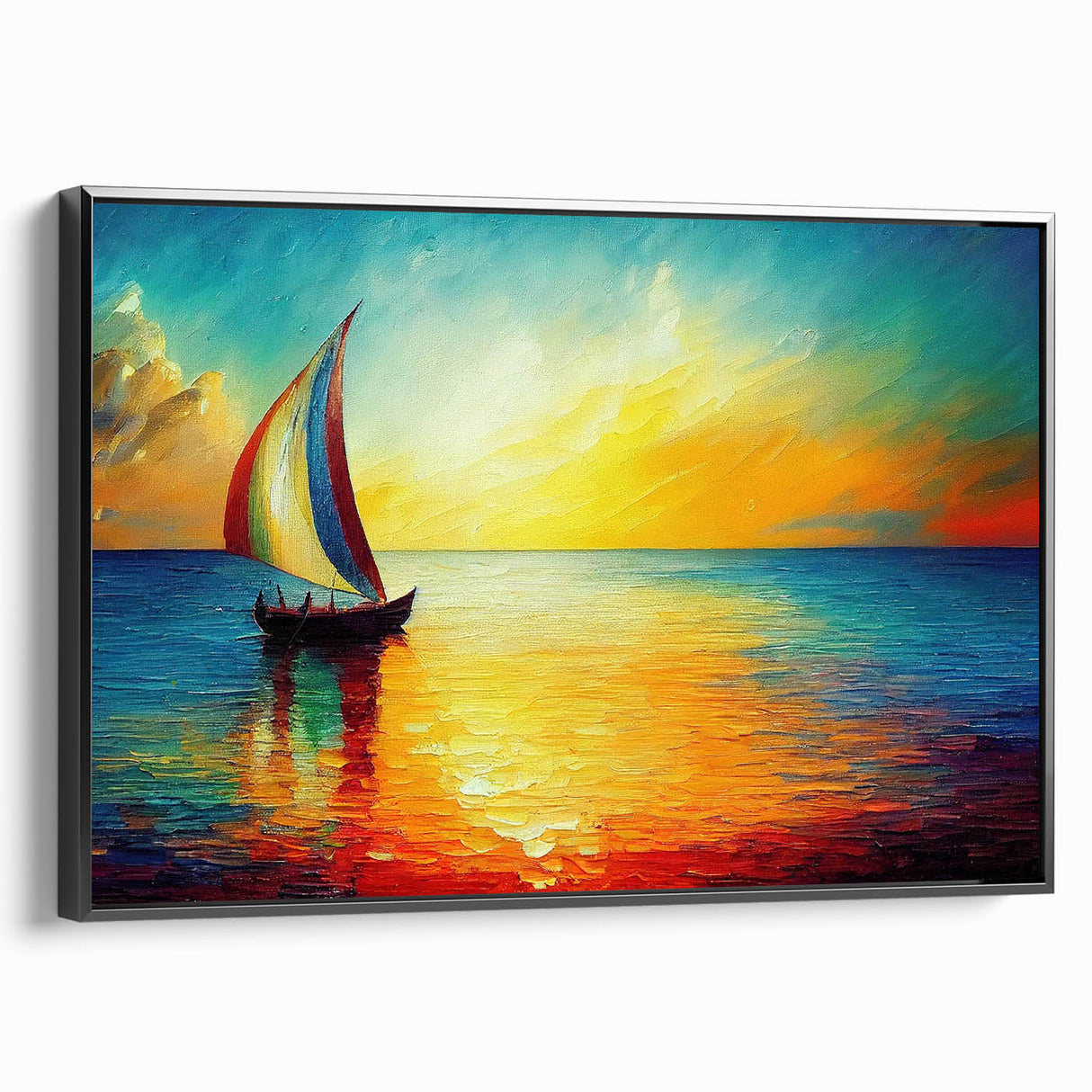 Framed canvas wall art from the Landscapes & Seascapes collection, featuring a serene seascape design with vibrant blues and greens, presented in a sleek black frame, ideal for enhancing modern home decor.