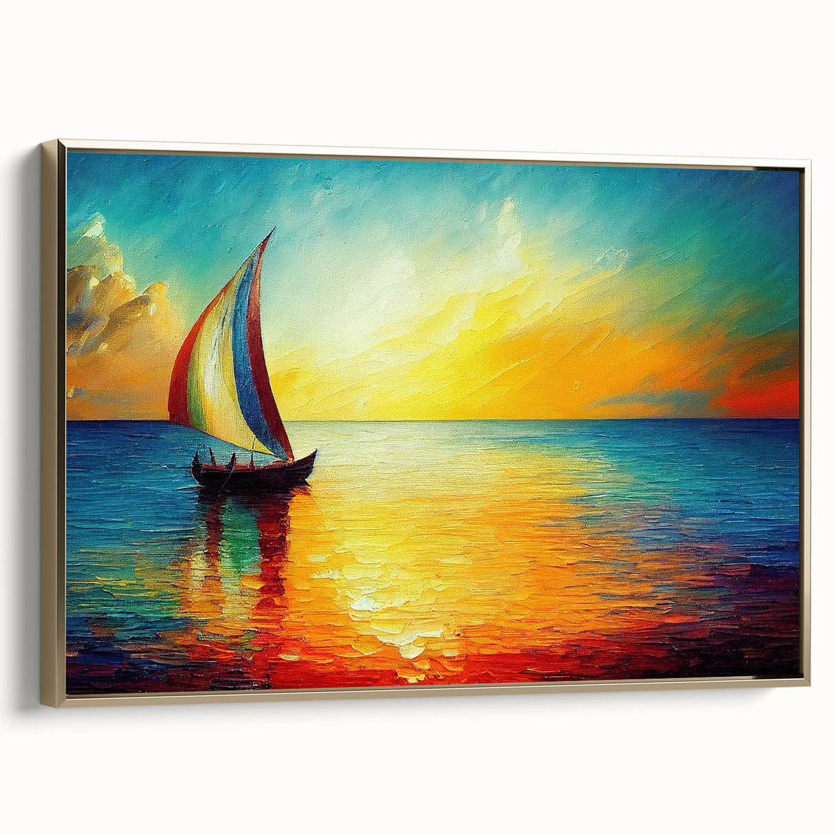 Framed canvas wall art showcasing a serene seascape design with vibrant blues and gold accents, ideal for coastal home decor, viewed from the side.