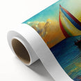 Colorful rolled canvas showcasing a vibrant seascape design, depicting waves and a sunset, perfect for coastal-themed decor. Packaged securely in a cardboard tube for safe delivery.