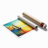 Vibrant rolled canvas print showcasing a serene seascape design, featuring calming blues and soft whites, elegantly packaged in a protective cardboard tube.