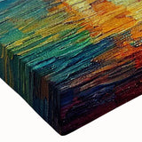 Close-up of a stretched canvas wall art piece showcasing a vibrant seascape design, featuring rich blues and greens, perfect for coastal home decor.