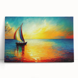 Stretched canvas wall art featuring a serene seascape design with vibrant blues and greens, leaning against a neutral wall, ideal for coastal-themed decor.