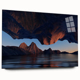 Acrylic glass wall art featuring a vibrant seascape design with waves and a sunset in rich blues and warm oranges, displayed in a modern setting, ideal for coastal decor.