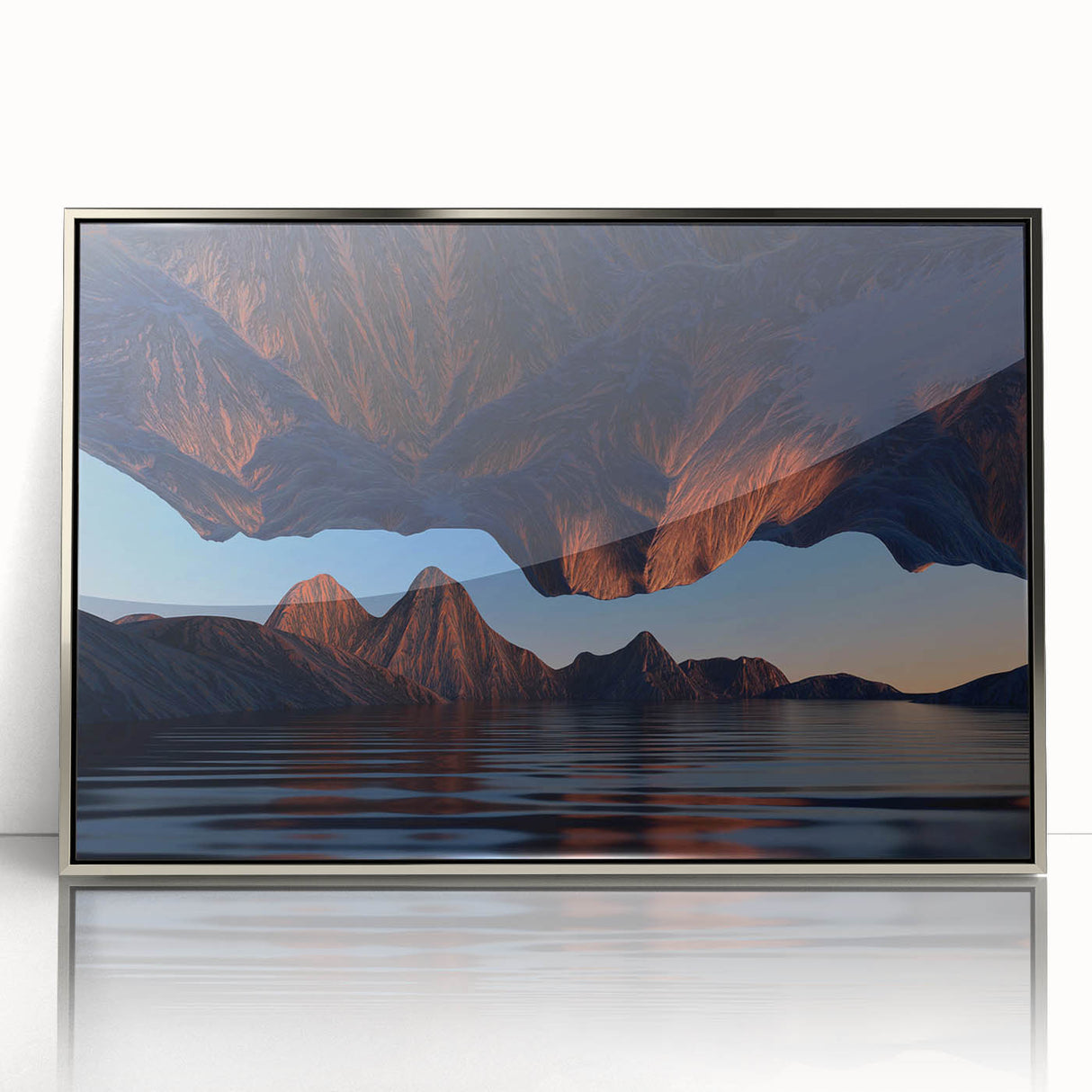 Framed acrylic wall art featuring a serene seascape design with shades of blue and silver, perfect for coastal-themed home decor, showcasing tranquility and elegance.