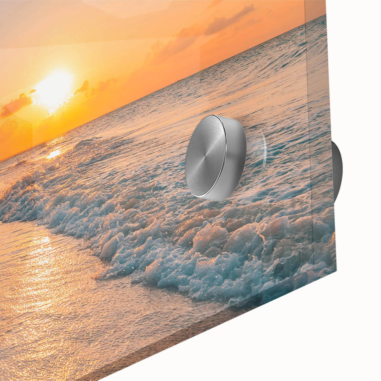 Close-up of a vibrant acrylic glass wall art piece showcasing a stunning seascape design with rich blues and greens, ideal for coastal home decor.