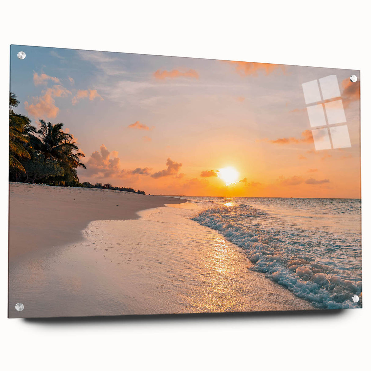 Acrylic glass wall art collection showcasing vibrant landscapes and seascapes in a modern design, viewed from the side with visible mounting pins for easy display.