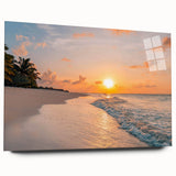 Acrylic glass wall art from the Landscapes & Seascapes Design Collection, showcasing vibrant ocean waves and coastal scenery, viewed from the side, highlighting its sleek finish and contemporary style.