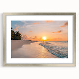 Framed wall art showcasing a serene seascape design in a silver frame, complete with a white mat, perfect for enhancing modern home decor.