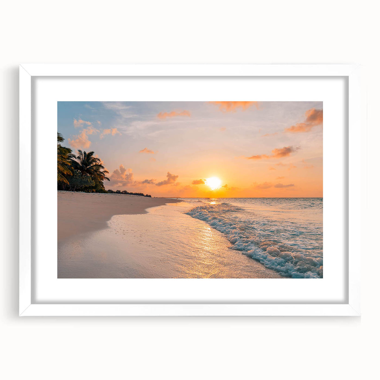 Framed white wall art showcasing a serene seascape design with calming blue hues and textured mat, perfect for coastal-themed home decor. Ideal for creating a tranquil atmosphere in living spaces.