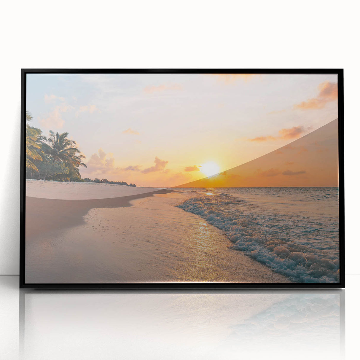 Framed wall art collection showcasing a serene seascape design in vibrant blues and greens, with a sleek black frame, ideal for coastal-themed interiors.