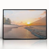 Framed wall art collection showcasing a serene seascape design in vibrant blues and greens, with a sleek black frame, ideal for coastal-themed interiors.