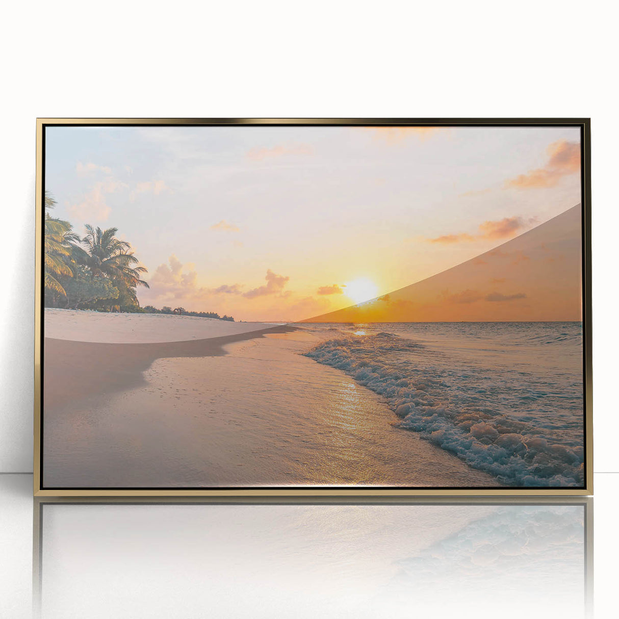 Framed wall art piece showcasing a vibrant seascape design with gold accents, featuring waves and a sunset, perfect for coastal home decor.