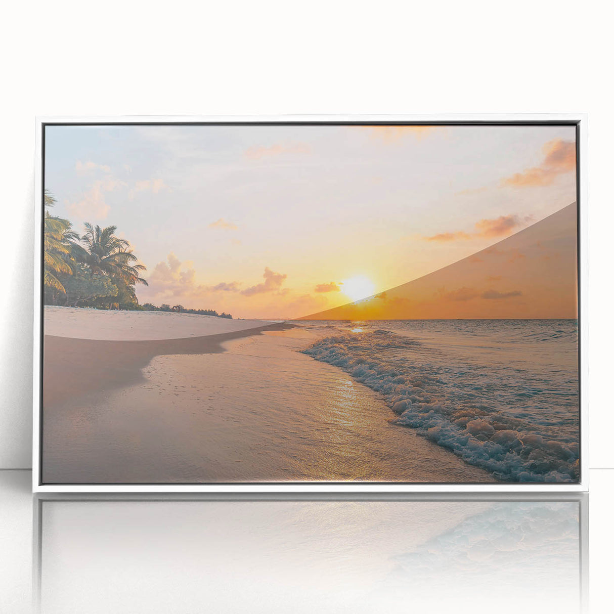 Framed acrylic wall art showcasing a serene seascape design with vibrant blues and whites, elegantly displayed in a modern white frame, perfect for coastal-themed decor.