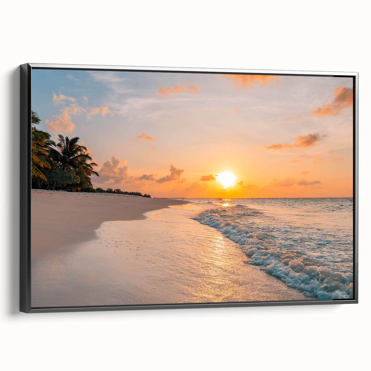 Framed canvas wall art from the Landscapes & Seascapes collection, showcasing a serene seaside view with vibrant colors, set against a sleek black frame. Perfect for modern home decor.