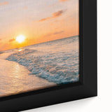 Close-up of a framed canvas showcasing a vibrant seascape design, featuring rich blues and greens, ideal for coastal-themed decor and artistic wall enhancement.