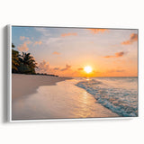 Framed canvas wall art showcasing a serene seascape design, featuring soft blue and white tones, elegantly displayed from the side against a neutral backdrop. Ideal for coastal-themed decor.