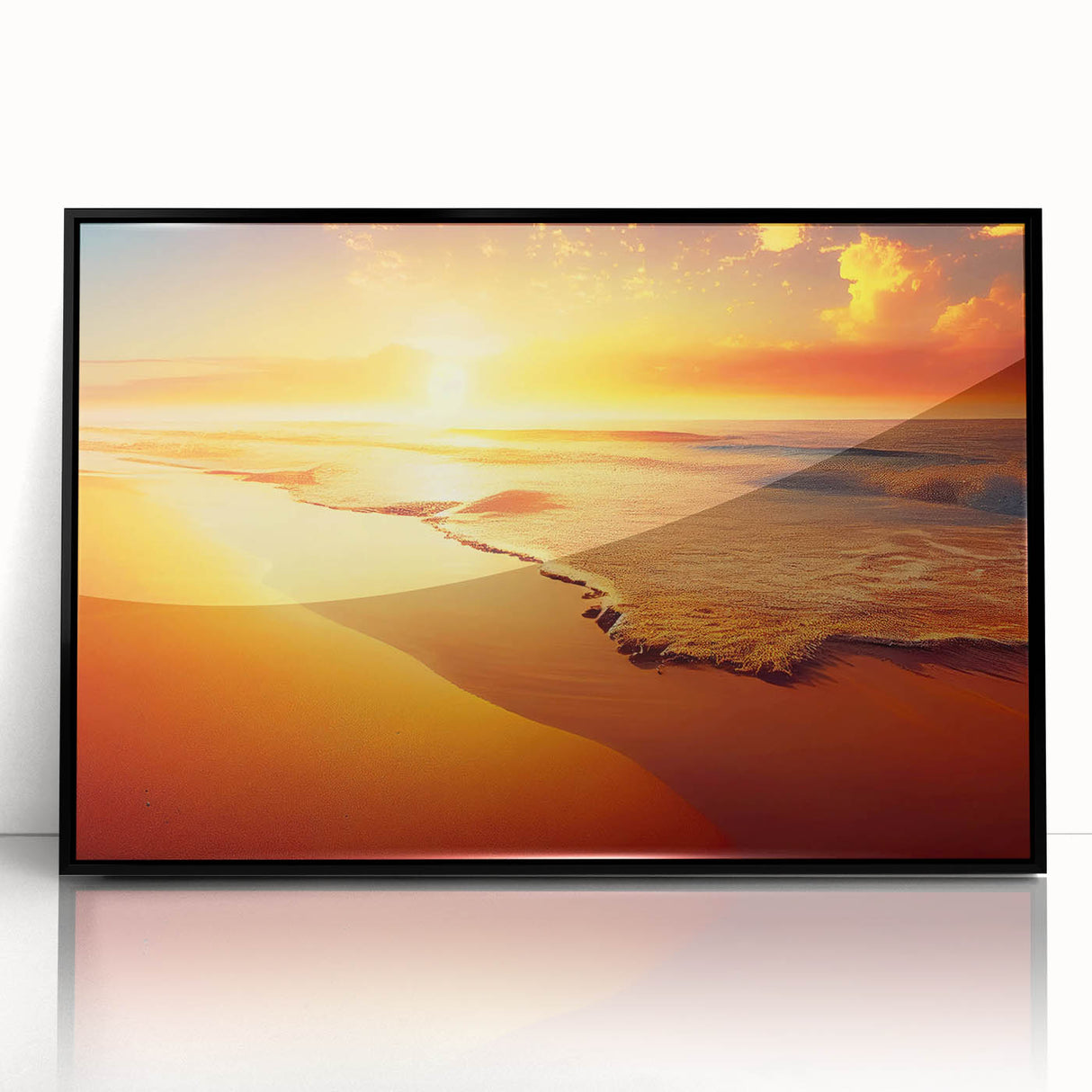 Framed wall art collection showcasing stunning landscapes and seascapes in vibrant colors, featuring a sleek black frame for modern decor enhancement.