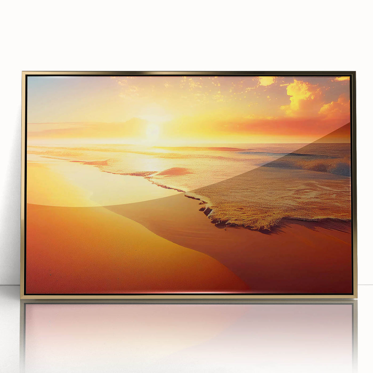 Framed acrylic wall art showcasing a stunning seascape design with gold accents, perfect for enhancing modern home decor. The artwork captures tranquil ocean waves and a serene sky, creating a peaceful atmosphere in any room.