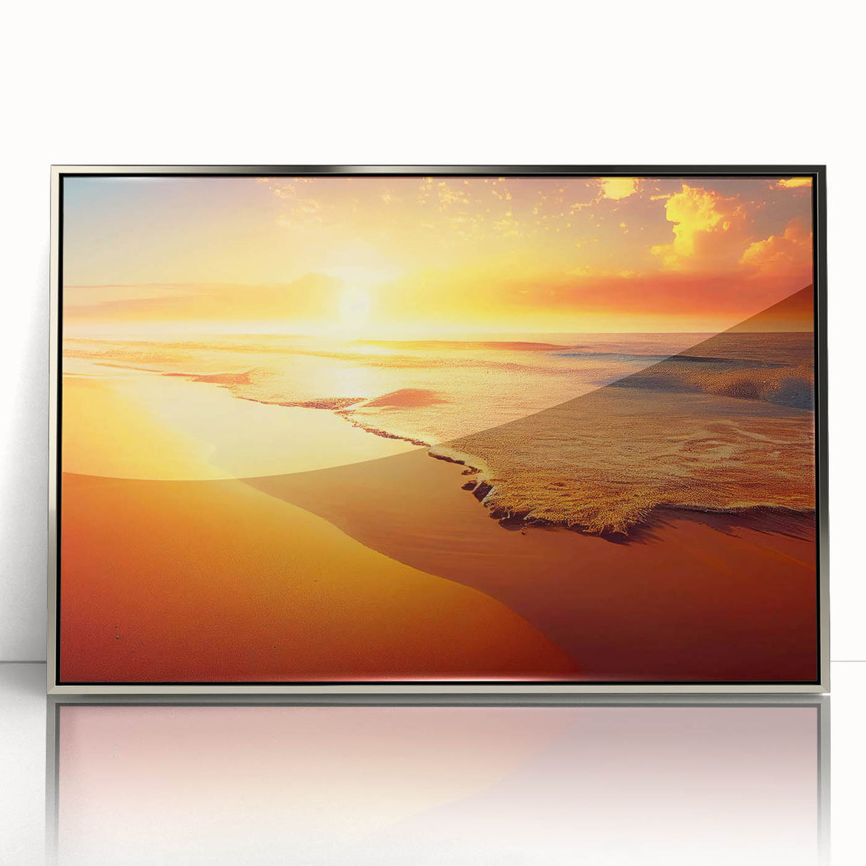 Framed acrylic wall art featuring a stunning seascape design with vibrant colors, showcasing waves and a sunset, perfect for coastal home decor.