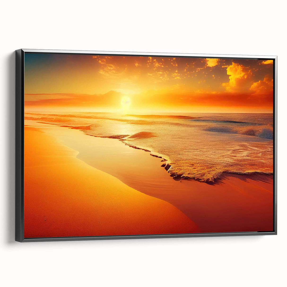Framed canvas wall art showcasing a serene seascape design with vibrant blues and greens, set in a sleek black frame, ideal for modern home decor.