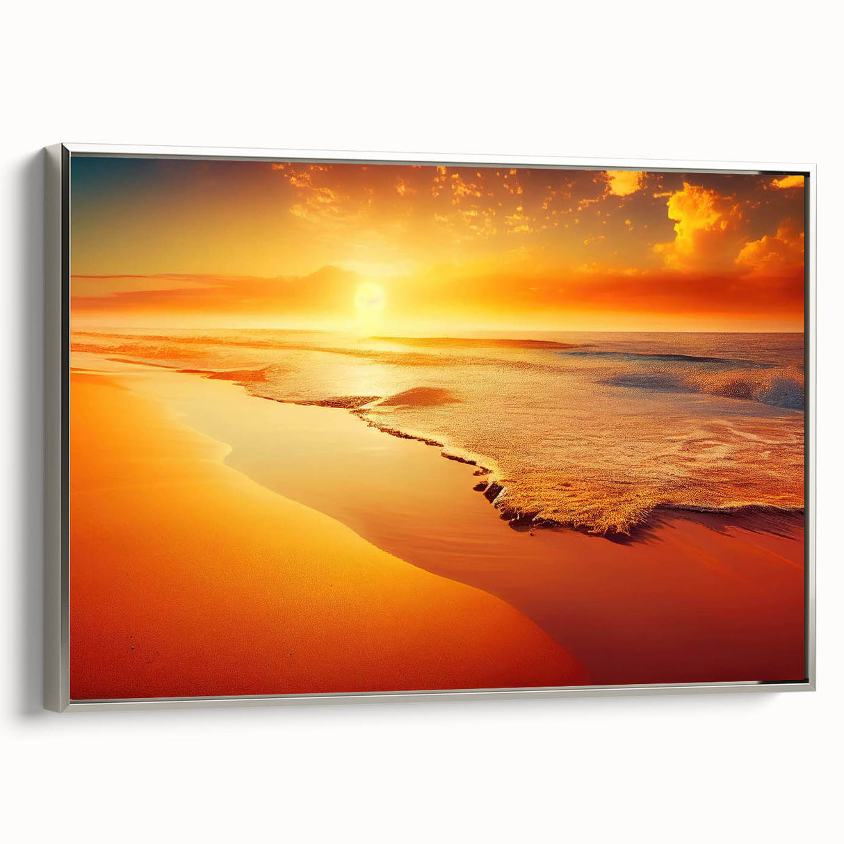 Framed canvas wall art collection showcasing serene seascapes and landscapes in silver, elegantly displayed from a side view, perfect for home decor enhancement.