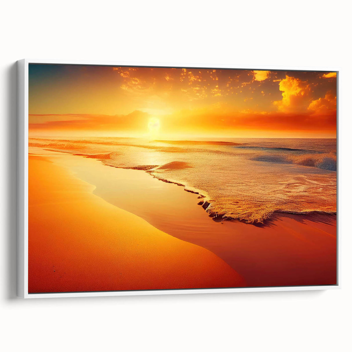 Framed canvas wall art showcasing a serene seascape design, featuring calming blue and white tones, displayed in a stylish white frame from the Landscapes & Seascapes collection.
