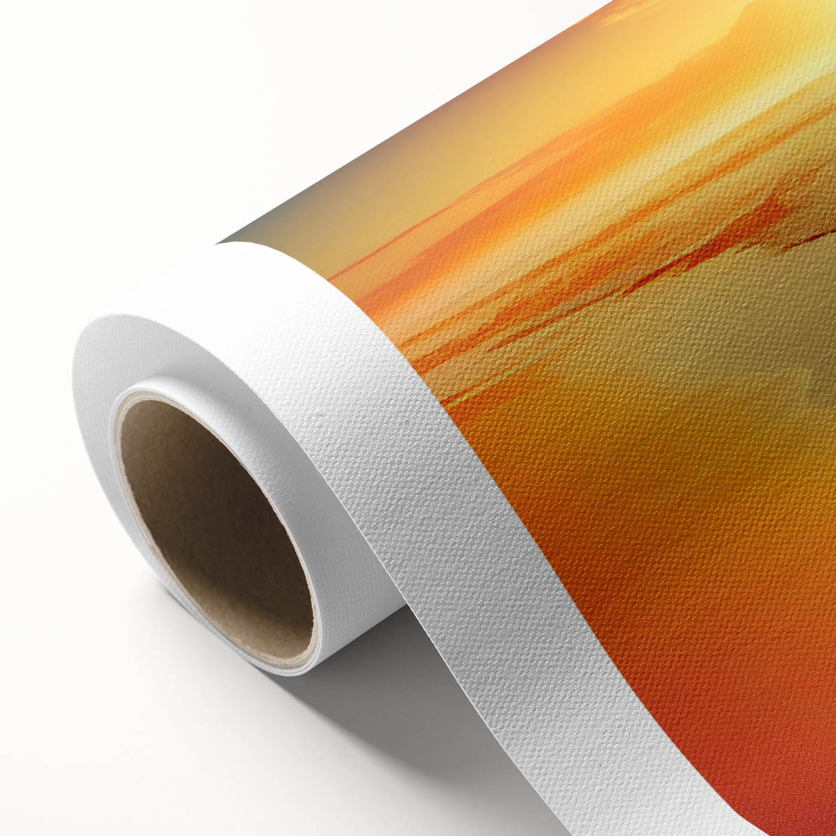 Rolled canvas artwork depicting a vibrant seascape design, showcasing dynamic waves and a sunset gradient, ideal for enhancing coastal-themed decor.