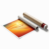 Rolled print of a serene seascape featuring soft blues and greens, ideal for coastal decor, packaged securely in a cardboard tube for easy transport.