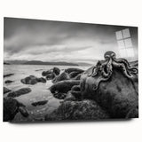 Acrylic glass wall art collection displaying a vibrant seascape design, showcasing rich blues and greens, perfect for modern home decor. This side view highlights the sleek finish and contemporary aesthetic, ideal for coastal-themed interiors.