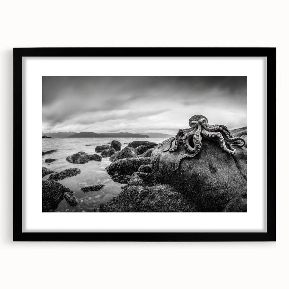 Black-framed wall art collection showcasing a stunning seascape design with a white mat, perfect for home decor, highlighting serene ocean waves and vibrant colors.