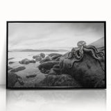 Framed acrylic wall art featuring a serene coastal landscape with vibrant blues and greens, showcasing a modern design perfect for home decor.