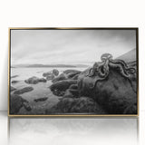 Framed acrylic wall art featuring a serene seascape design with golden accents, showcasing tranquil ocean waves and a vibrant sunset, perfect for coastal decor.