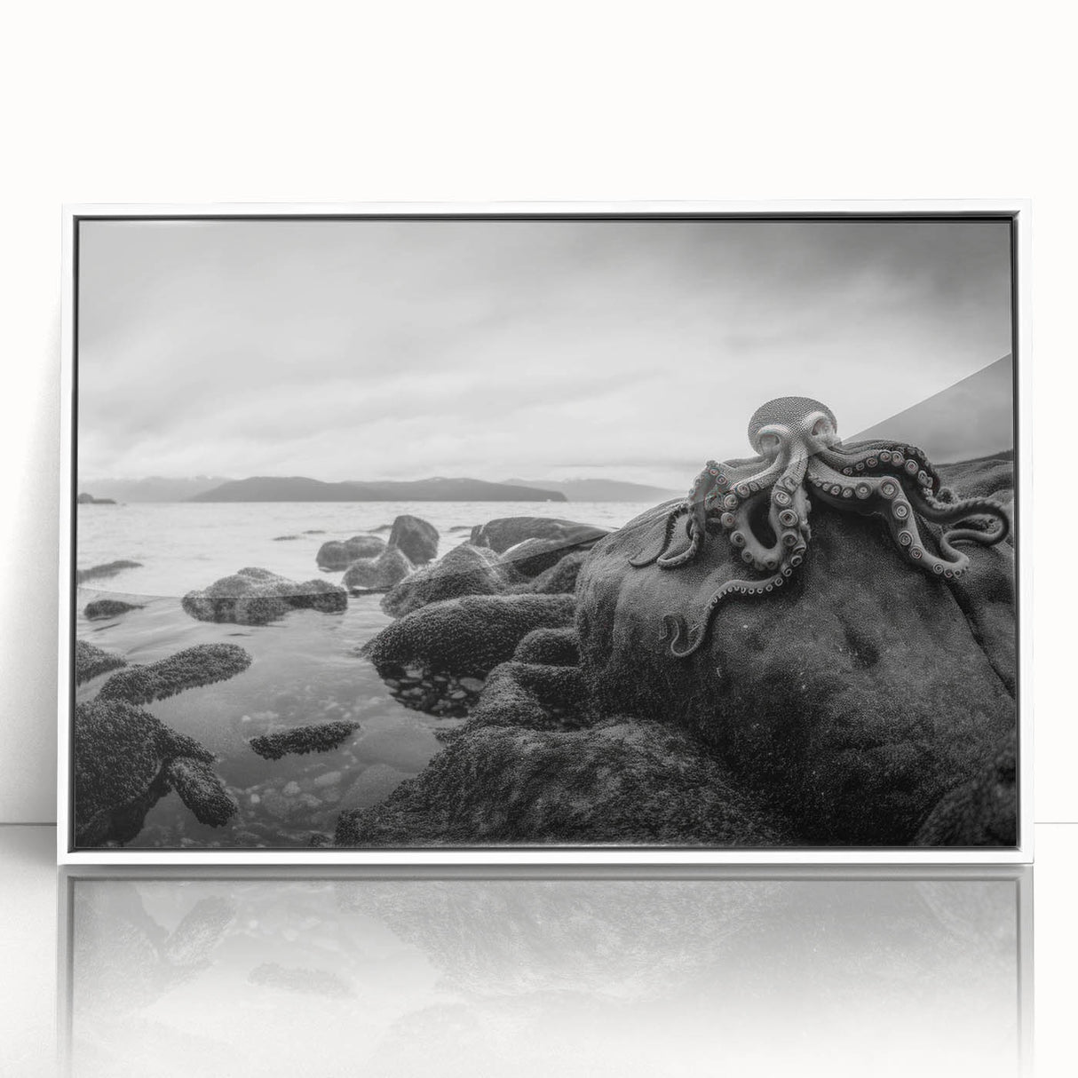 Framed acrylic wall art showcasing a serene seascape design with vibrant blues and whites, ideal for coastal decor. The artwork features a sleek white frame, enhancing its modern aesthetic. Perfect for adding a tranquil touch to living spaces or galleries.