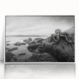 Framed acrylic wall art showcasing a serene seascape design with vibrant blues and whites, ideal for coastal decor. The artwork features a sleek white frame, enhancing its modern aesthetic. Perfect for adding a tranquil touch to living spaces or galleries.