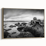 Framed canvas wall art collection showcasing a serene seascape design, adorned with gold accents, perfect for enhancing modern home decor.