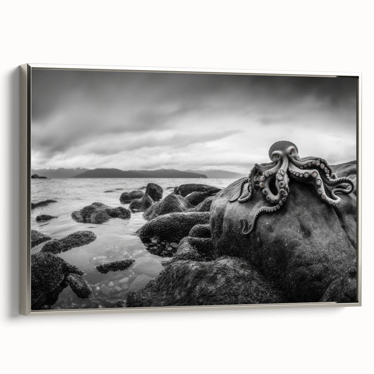 Framed canvas wall art showcasing a serene seascape design with calming blues and silver accents, perfect for enhancing modern interior decor.