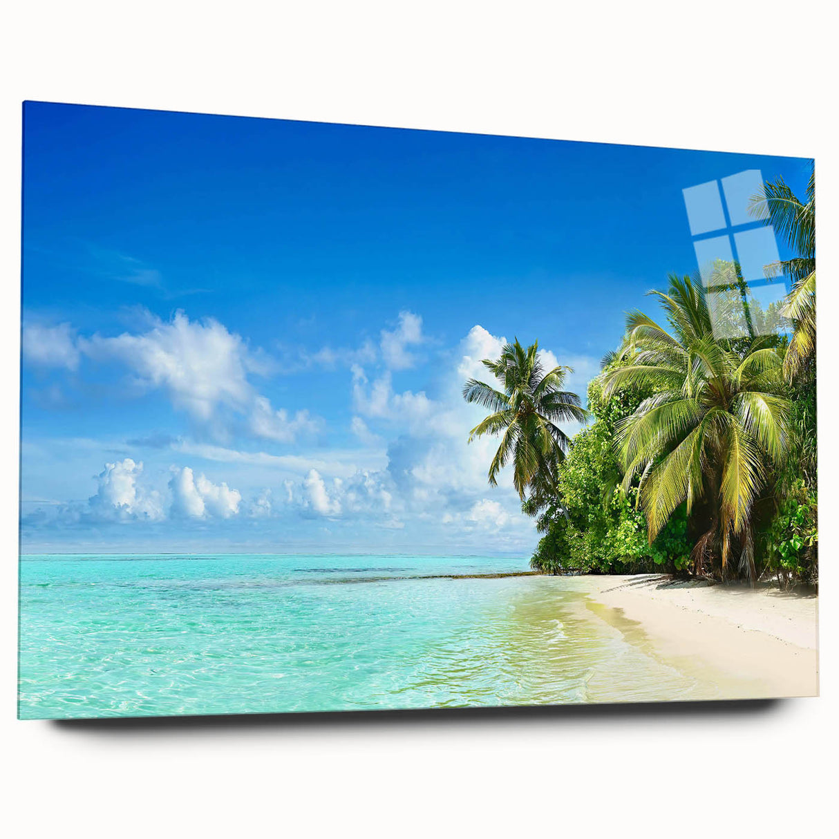 Acrylic glass wall art piece showcasing a stunning seascape design, featuring vibrant ocean colors and intricate wave patterns, elegantly displayed without pins.