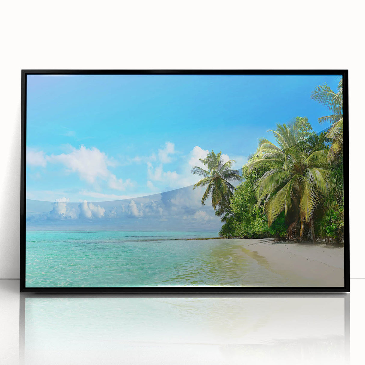 Framed acrylic wall art showcasing a vibrant seascape design with hues of blue and white, elegantly displayed in a sleek black frame, perfect for coastal home decor.