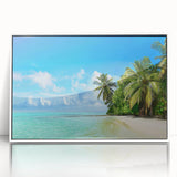 Framed wall art featuring a serene seascape design with vibrant blues and whites, showcasing ocean waves, perfect for modern home decor.