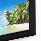 Framed canvas close-up showcasing vibrant seascape wall art design in calming blues and greens, perfect for coastal home decor, adding tranquility to any space.