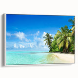 Framed canvas wall art featuring a serene seascape design in vibrant blues and whites, displayed from a side view against a neutral backdrop, ideal for coastal decor.