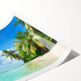 Rolled canvas print showcasing a vibrant seascape design with soothing blue and green hues, perfect for coastal-themed decor, packaged securely in a cardboard tube.