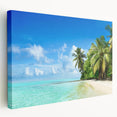 Stretched canvas wall art showcasing a serene seascape design with vibrant blues and greens, elegantly displayed from the side to highlight its depth and texture. Ideal for coastal-themed decor.