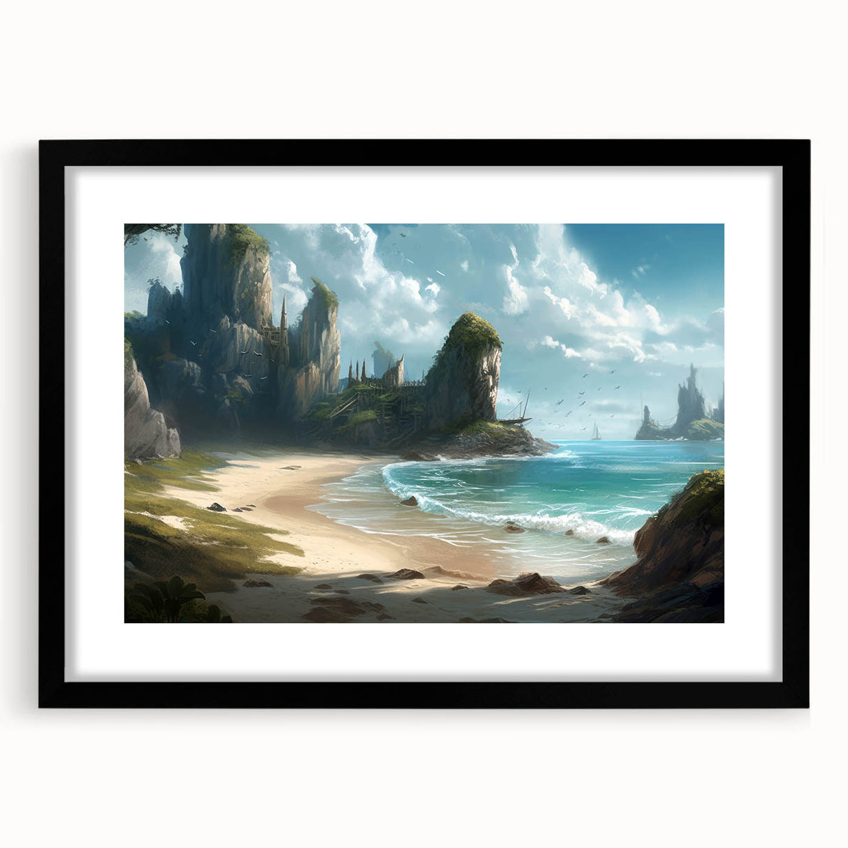 Framed wall art collection showcasing a serene seascape design with a black mat and frame, perfect for enhancing modern home decor and interior aesthetics.